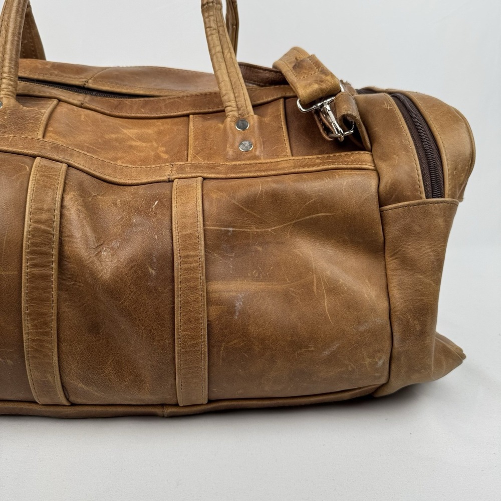 Vtg Tan Leather Duffle Bag Travel Weekender Gym Luggage Side Grab Handles 22" - Picture 9 of 13